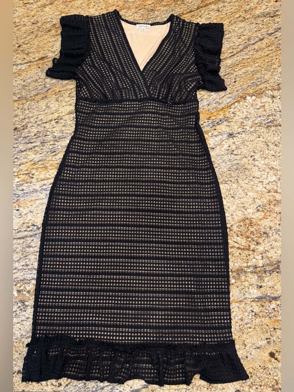 Max Studio Black Lace Flutter Sleeve High Waist V Neck Bodycon Dress Size L - Picture 6 of 11